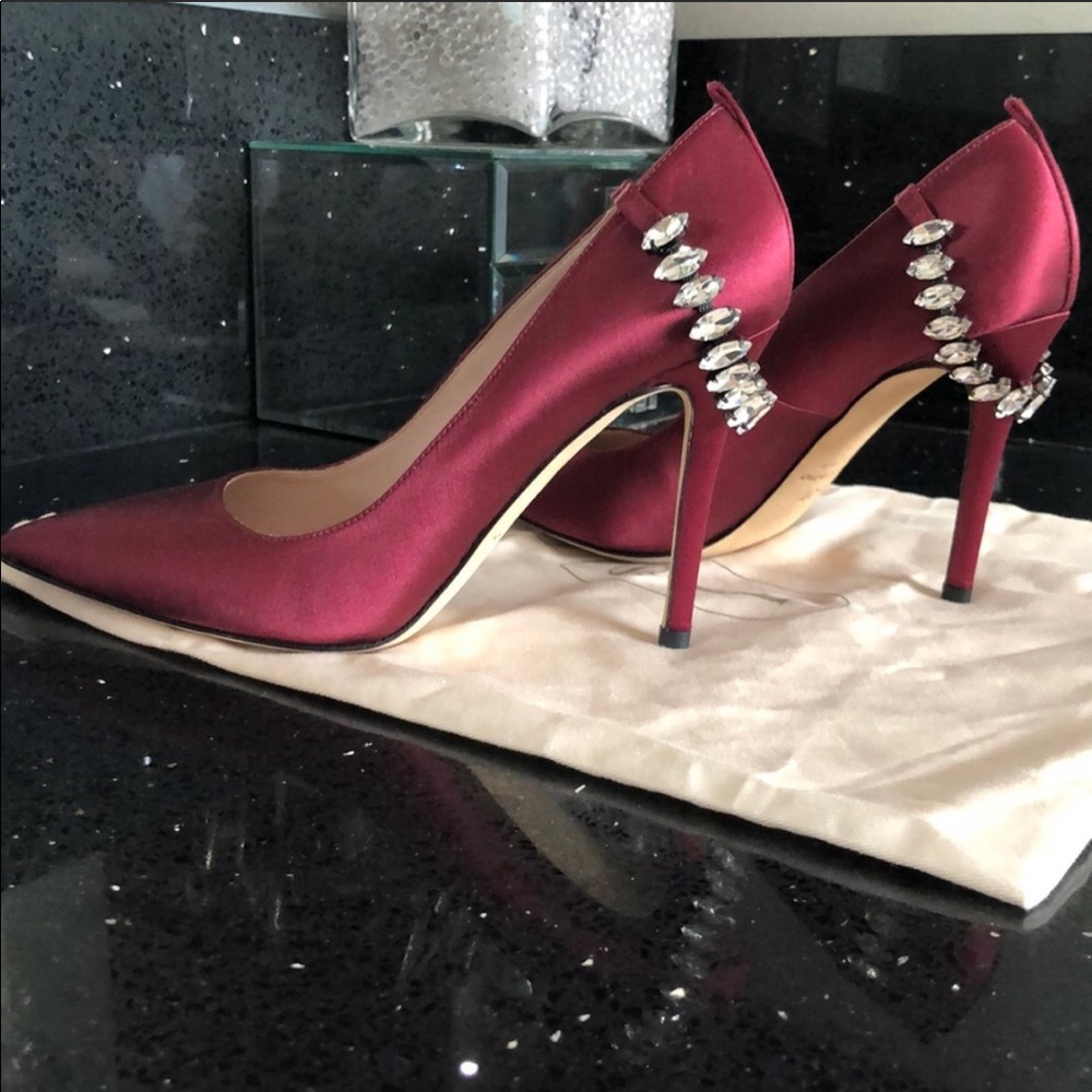Satin burgundy embellished heels by SJP